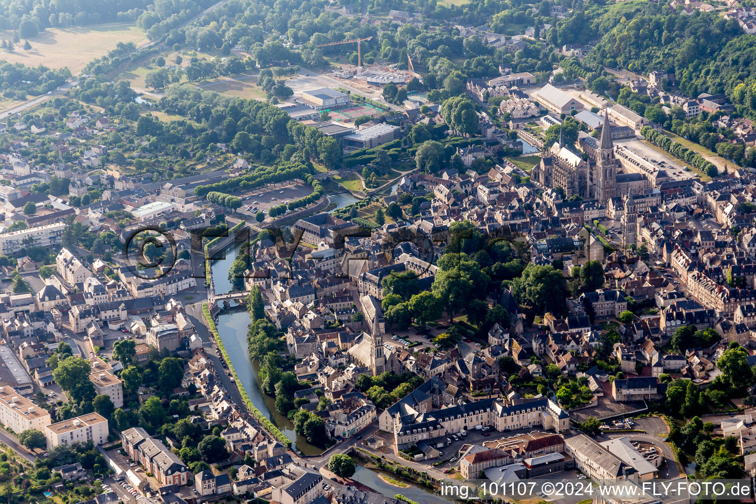 Aerial view of City view on the river bank of Loir in Vendome in Centre-Val de Loire, France