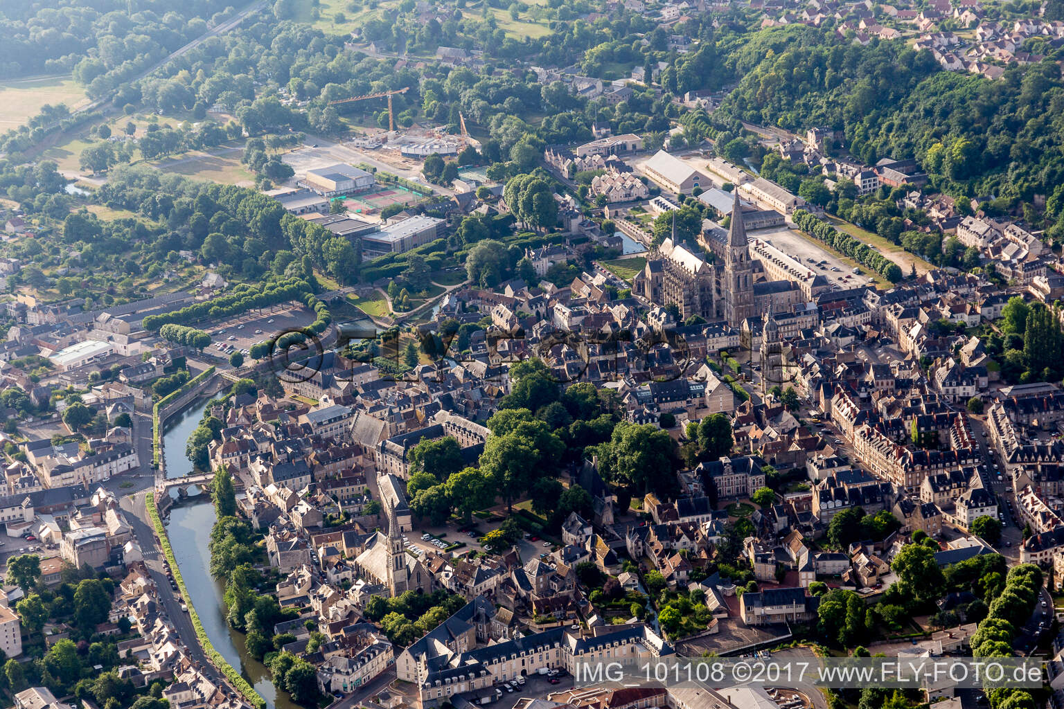 Aerial photograpy of City view on the river bank of Loir in Vendome in Centre-Val de Loire, France