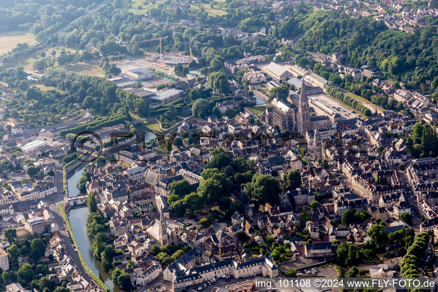 Aerial photograpy of City view on the river bank of Loir in Vendome in Centre-Val de Loire, France