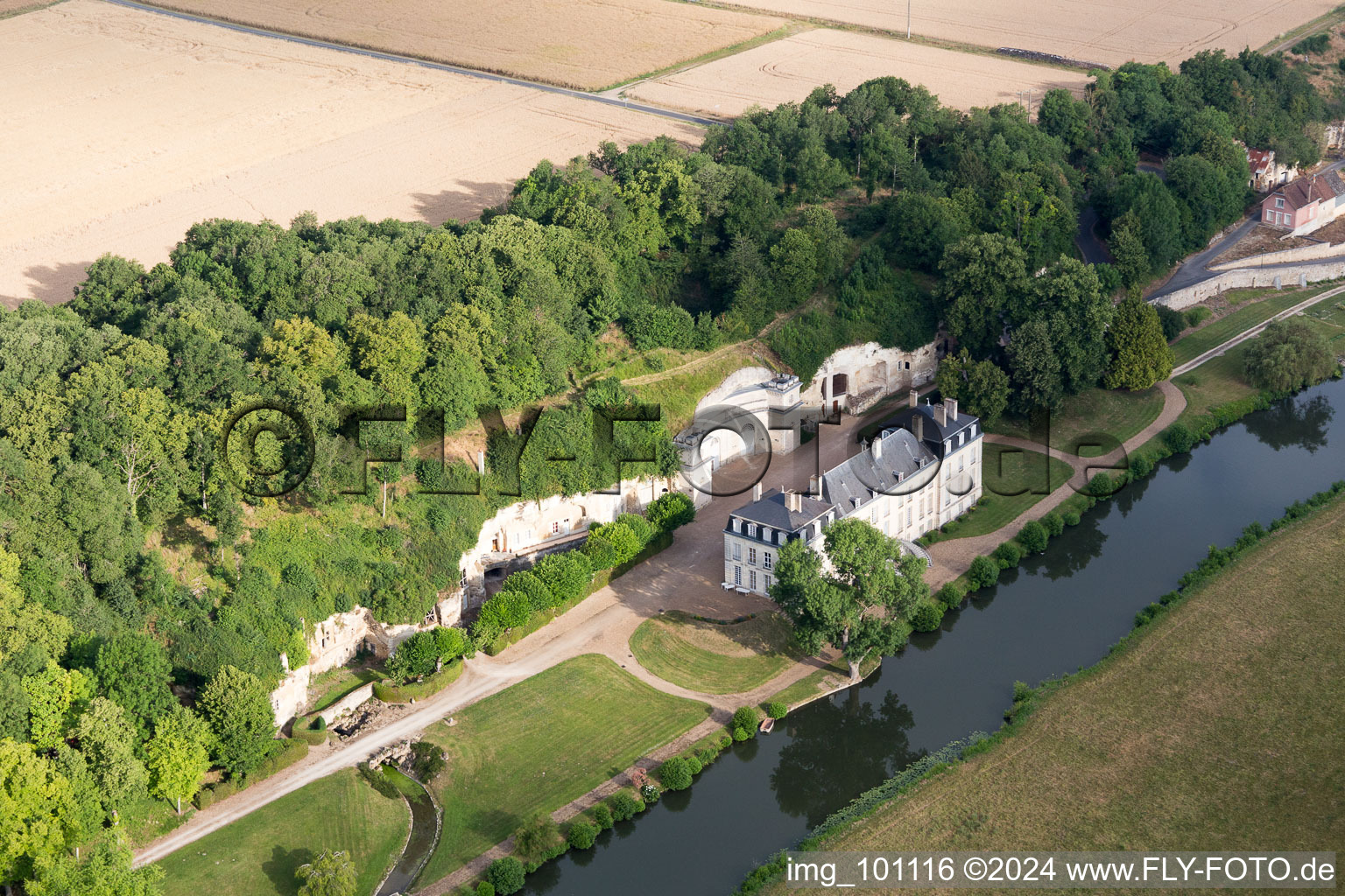 Aerial view of Building and castle park systems of castle Chateau de Rochambeau in Thore-la-Rochette in Centre-Val de Loire, France