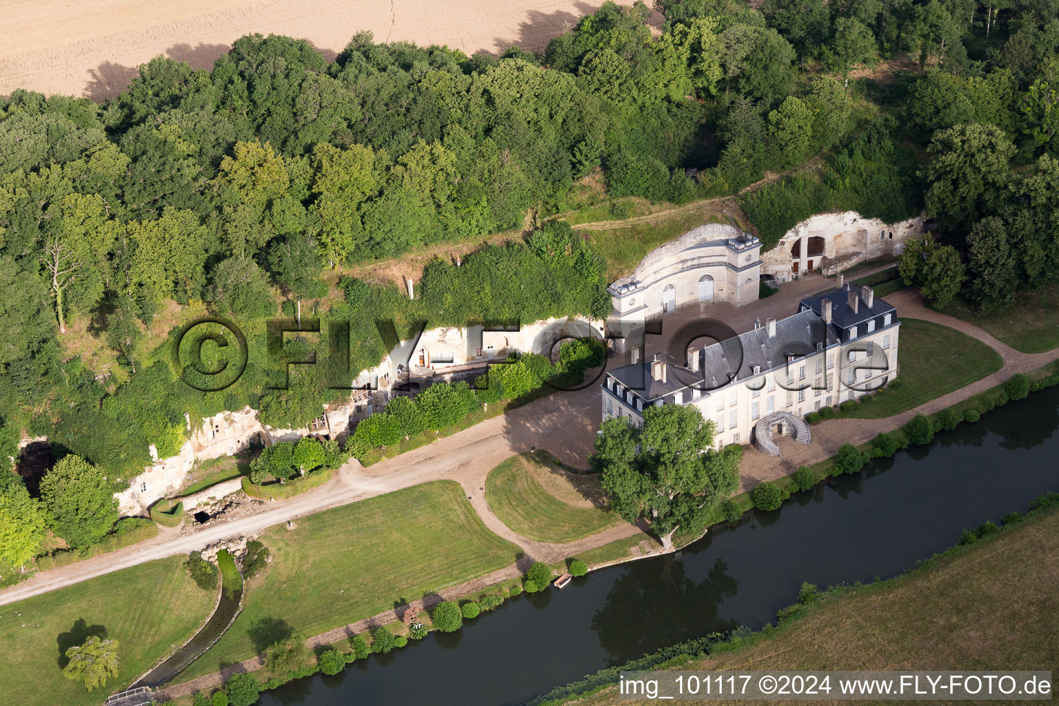 Aerial photograpy of Building and castle park systems of castle Chateau de Rochambeau in Thore-la-Rochette in Centre-Val de Loire, France