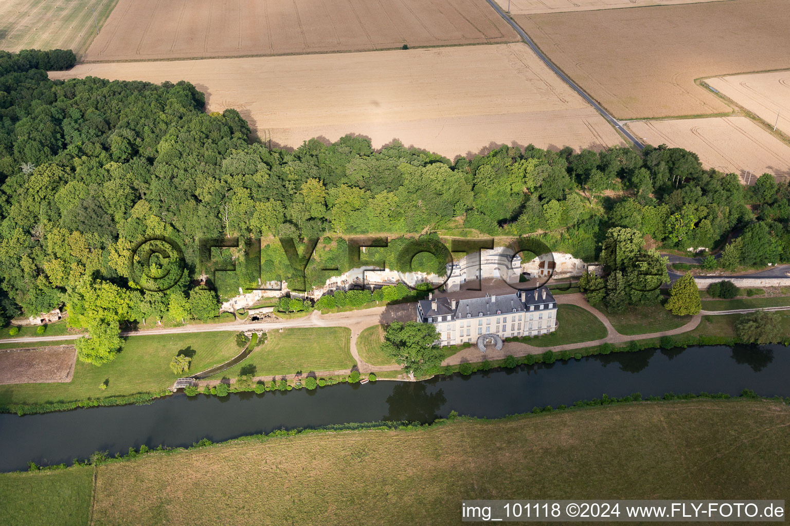 Oblique view of Building and castle park systems of castle Chateau de Rochambeau in Thore-la-Rochette in Centre-Val de Loire, France