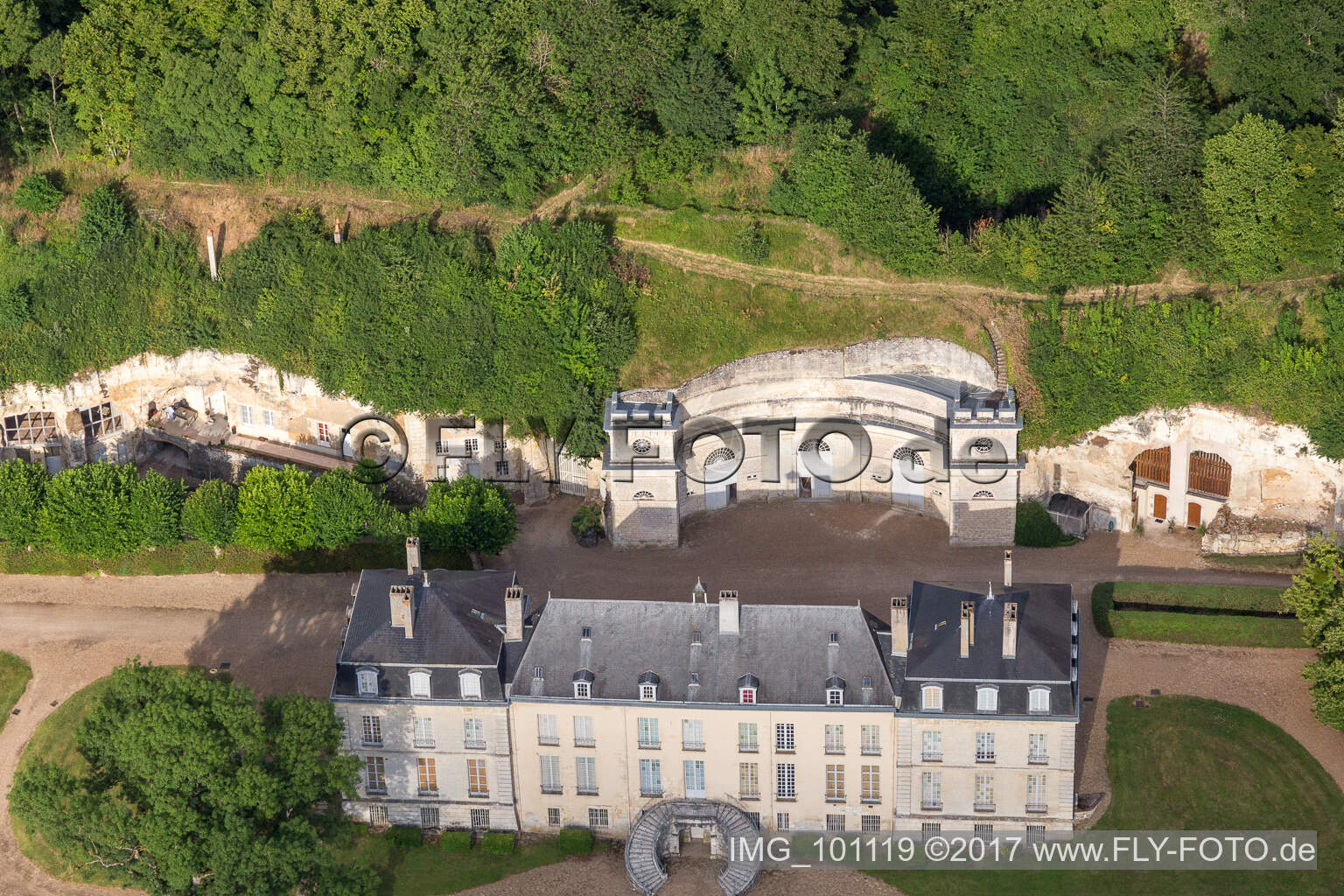 Building and castle park systems of castle Chateau de Rochambeau in Thore-la-Rochette in Centre-Val de Loire, France from above