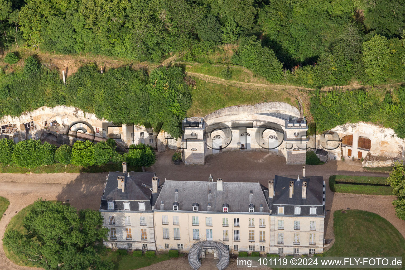 Building and castle park systems of castle Chateau de Rochambeau in Thore-la-Rochette in Centre-Val de Loire, France from above