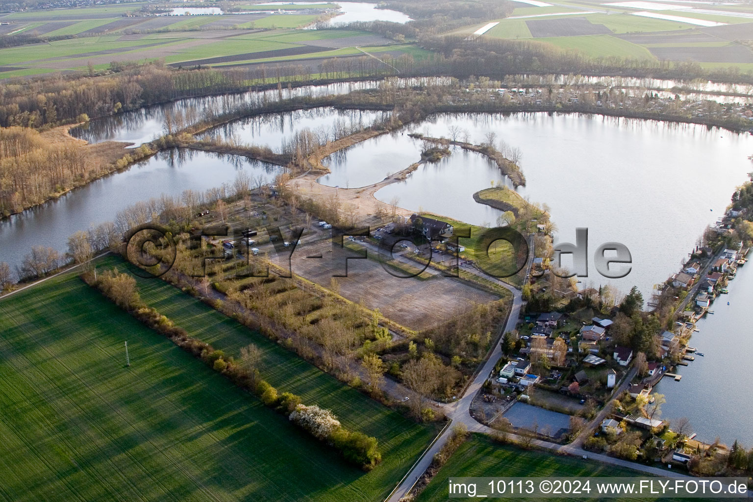 Blue Adriatic recreation area in Altrip in the state Rhineland-Palatinate, Germany seen from above