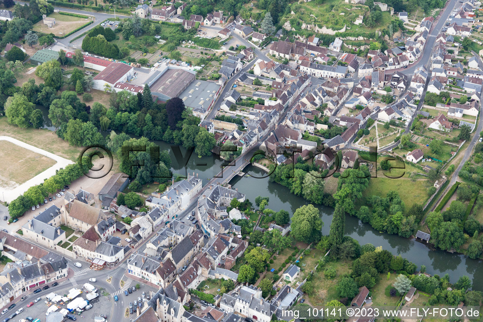 Montoire-sur-le-Loir in the state Loir et Cher, France seen from above