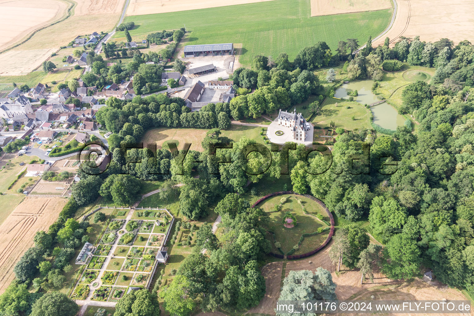 Aerial photograpy of Buildings and park of the castle in Saint-Cyr-du-Gault in Centre-Val de Loire, France