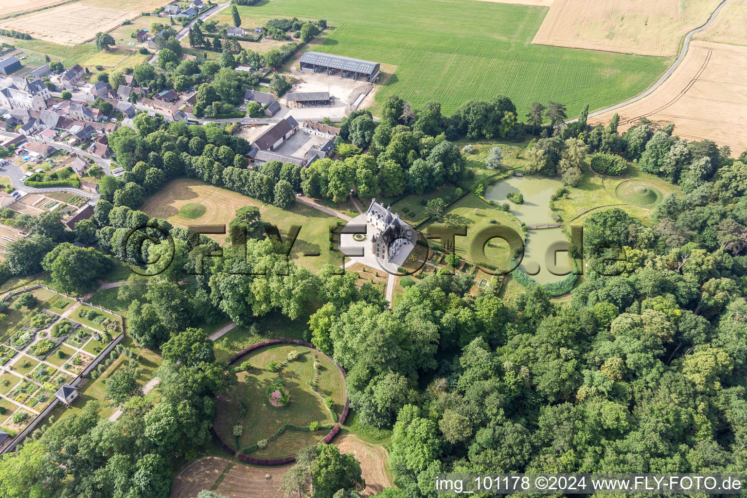 Oblique view of Buildings and park of the castle in Saint-Cyr-du-Gault in Centre-Val de Loire, France