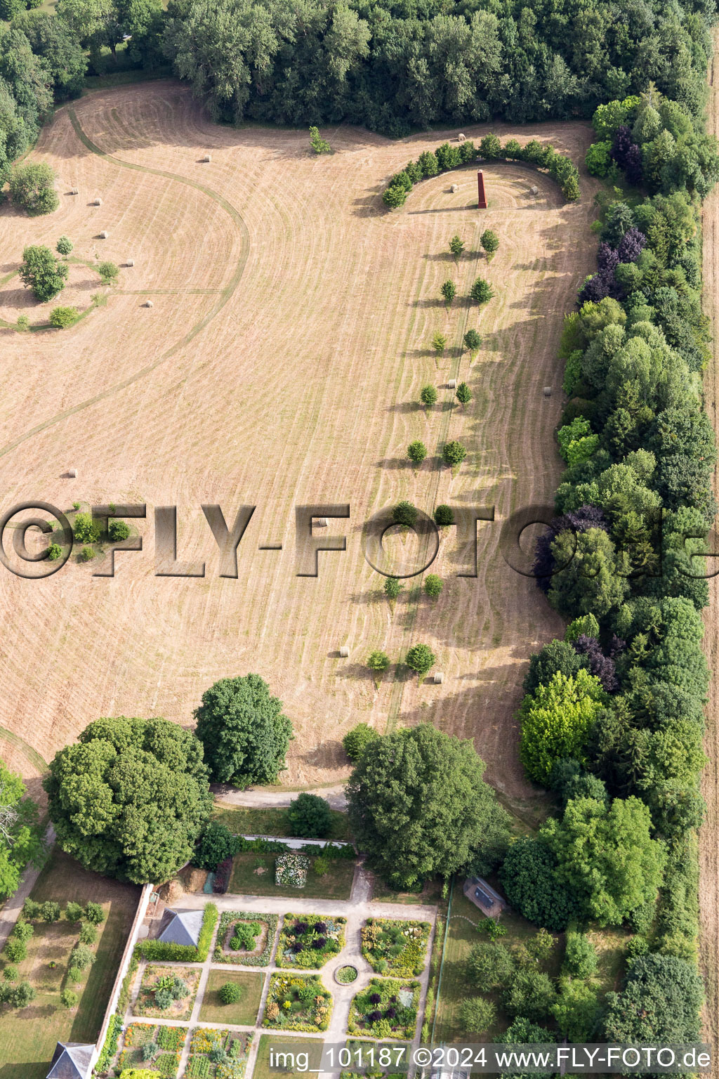 Buildings and park of the castle in Saint-Cyr-du-Gault in Centre-Val de Loire, France from above