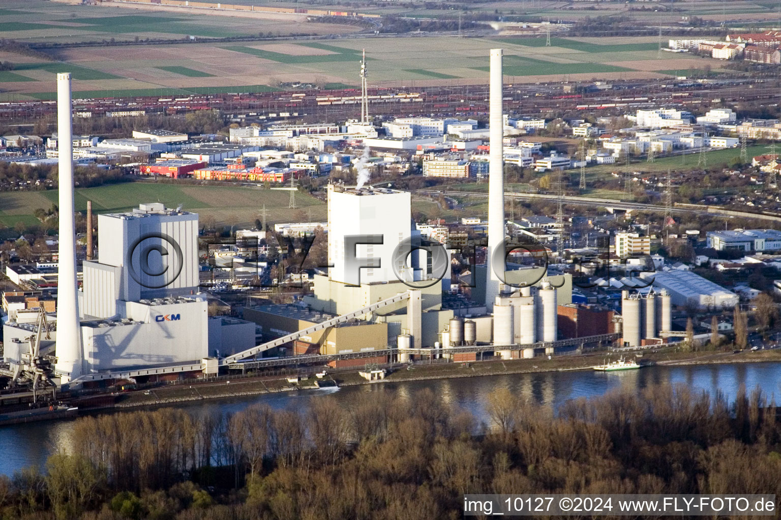 Oblique view of GKM from the south in the district Neckarau in Mannheim in the state Baden-Wuerttemberg, Germany