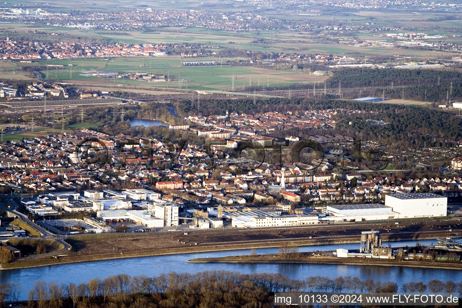 Rheinau Harbour in the district Rheinau in Mannheim in the state Baden-Wuerttemberg, Germany from the plane