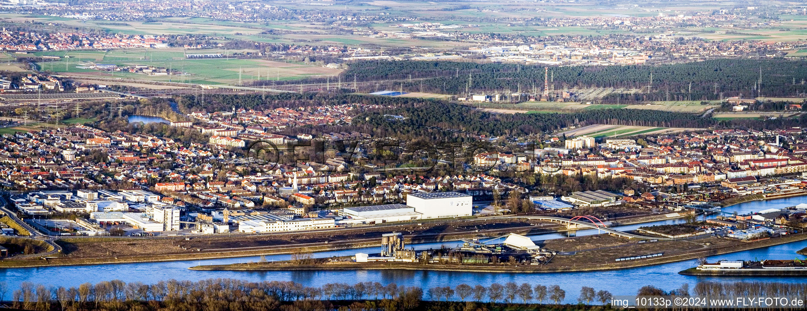 Panoramic perspective Quays and boat moorings at the port of the inland port of the Rhine river in the district Rheinau in Mannheim in the state Baden-Wurttemberg, Germany