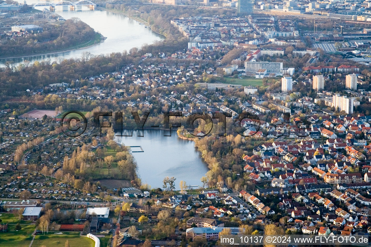 Aerial view of Stollenwörthweier in the district Niederfeld in Mannheim in the state Baden-Wuerttemberg, Germany