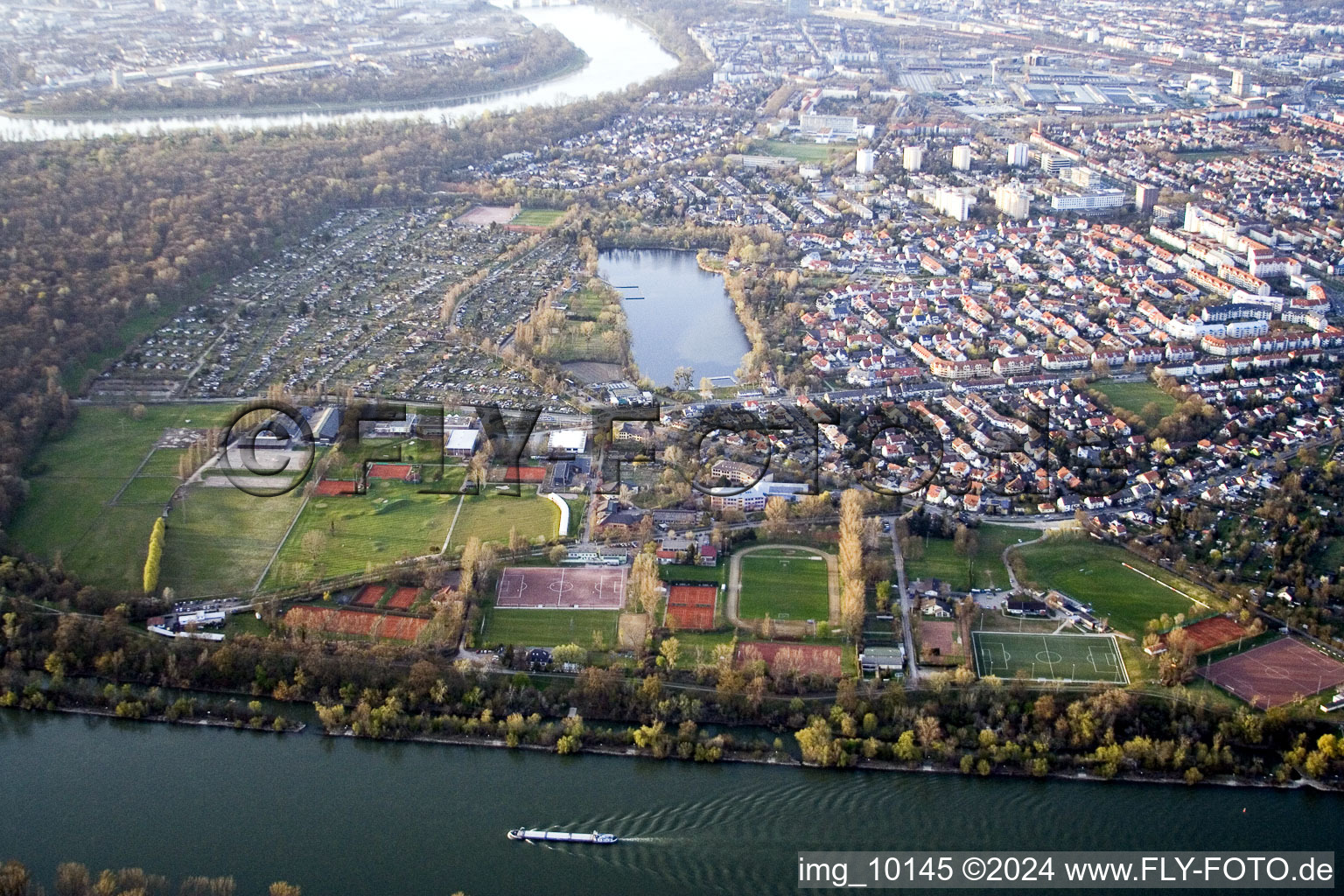 Aerial view of Sports facilities, Stollenwörthweier in the district Neckarau in Mannheim in the state Baden-Wuerttemberg, Germany