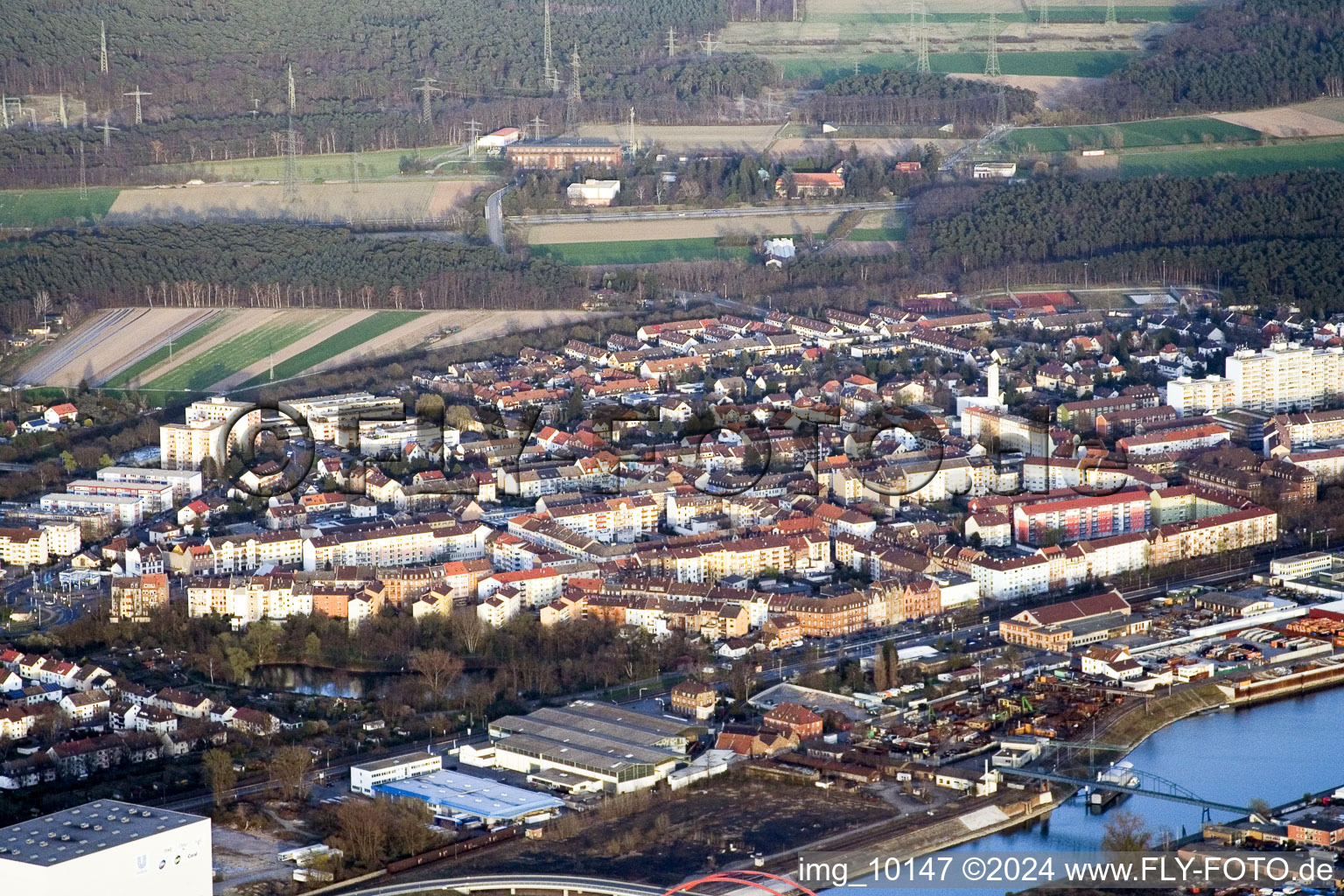 District Rheinau in Mannheim in the state Baden-Wuerttemberg, Germany seen from above