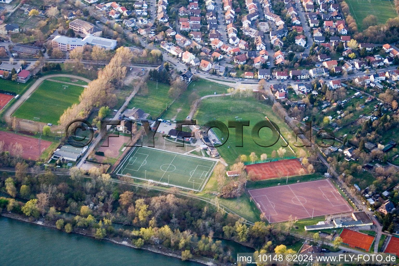 Aerial view of Sports facilities VfL Kurpfalz in the district Neckarau in Mannheim in the state Baden-Wuerttemberg, Germany