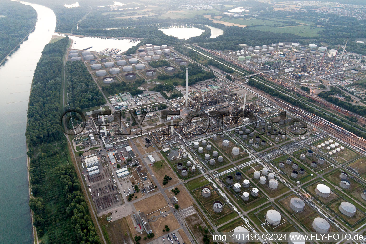 Aerial view of Night lighting Refinery equipment and management systems on the factory premises of the mineral oil manufacturers Mineraloelraffinerie Oberrhein in the district Knielingen in Karlsruhe in the state Baden-Wurttemberg, Germany