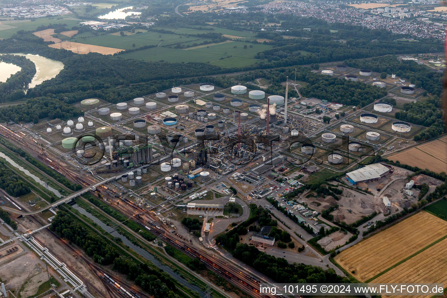 Oblique view of MIRO Oil Refinery in the district Knielingen in Karlsruhe in the state Baden-Wuerttemberg, Germany