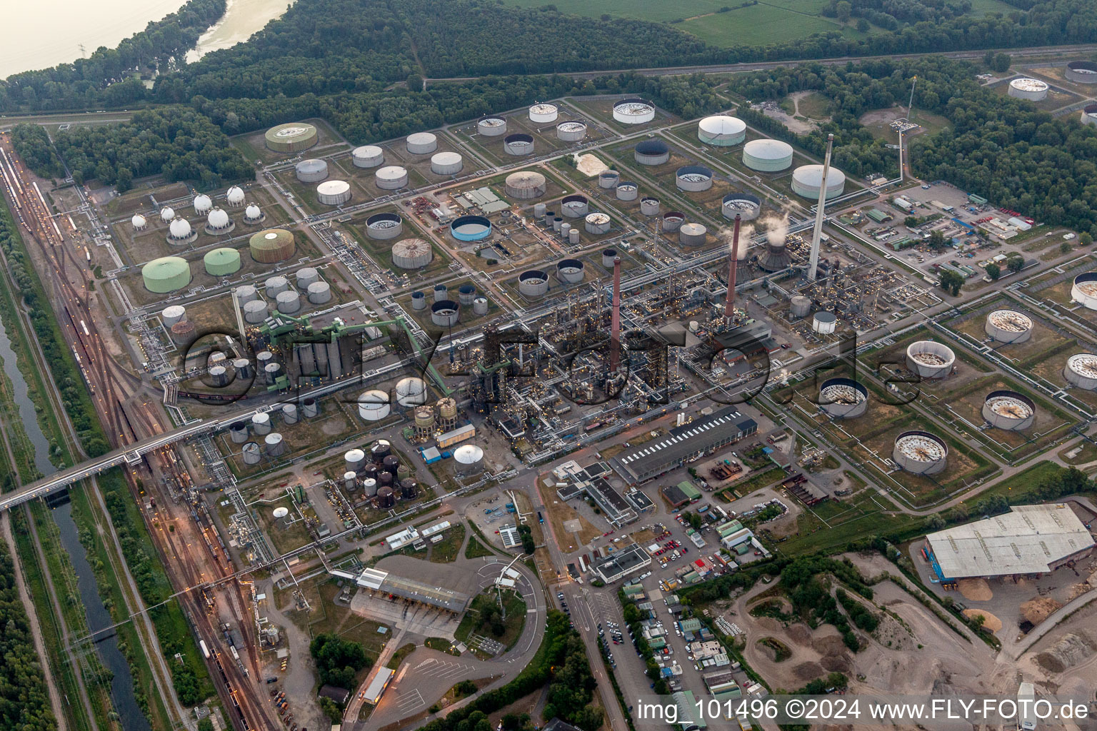 Aerial photograpy of Night lighting Refinery equipment and management systems on the factory premises of the mineral oil manufacturers Mineraloelraffinerie Oberrhein in the district Knielingen in Karlsruhe in the state Baden-Wurttemberg, Germany