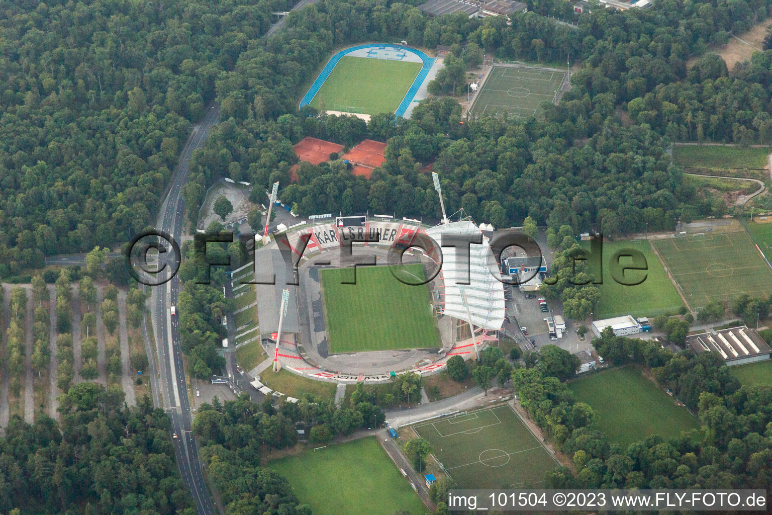 Oblique view of Stadion in the district Innenstadt-Ost in Karlsruhe in the state Baden-Wuerttemberg, Germany