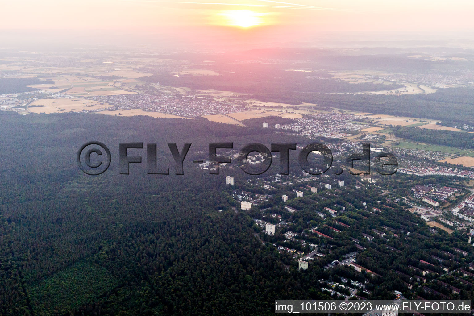 Aerial view of Sunrise in the district Waldstadt in Karlsruhe in the state Baden-Wuerttemberg, Germany