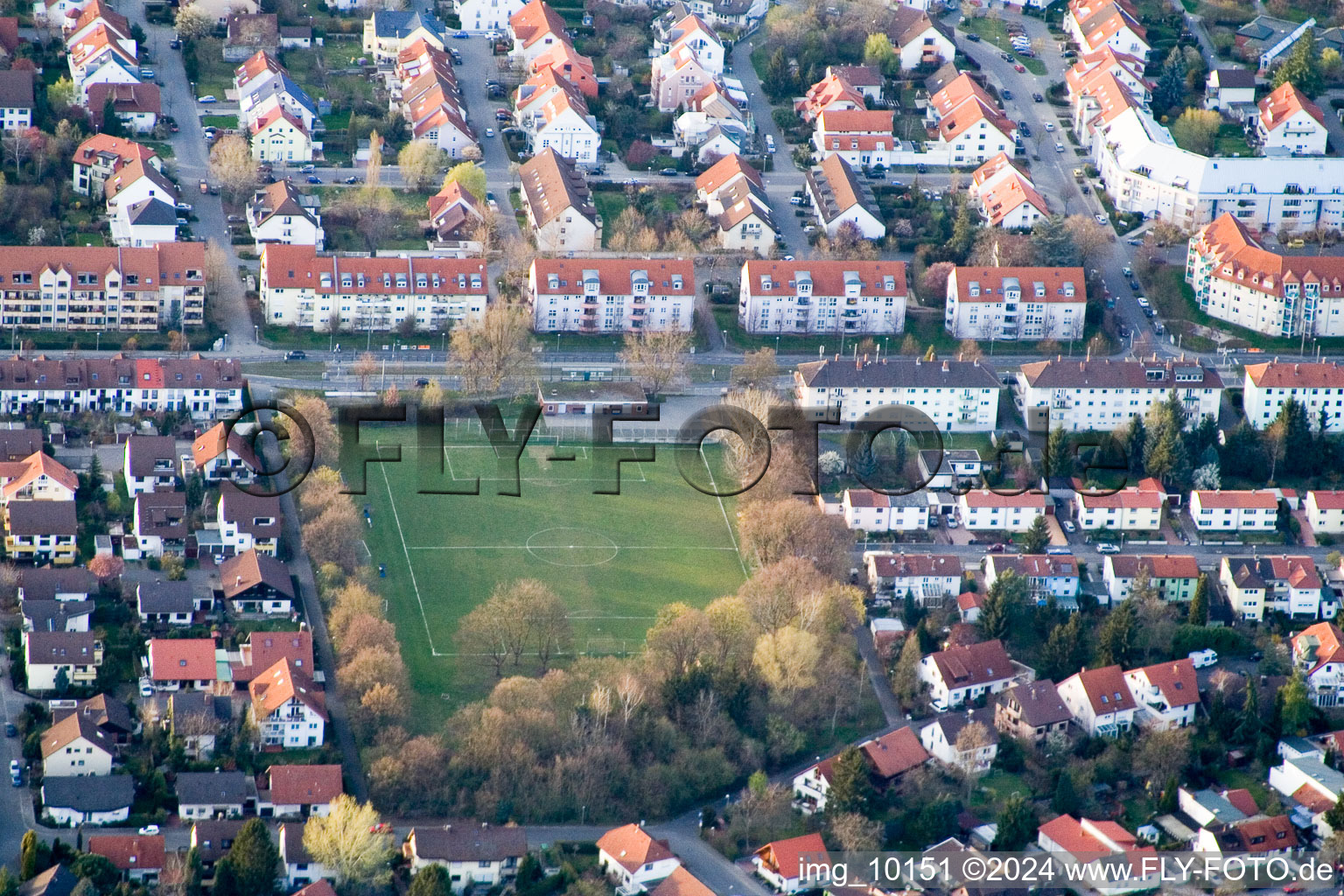 District Neckarau in Mannheim in the state Baden-Wuerttemberg, Germany from above