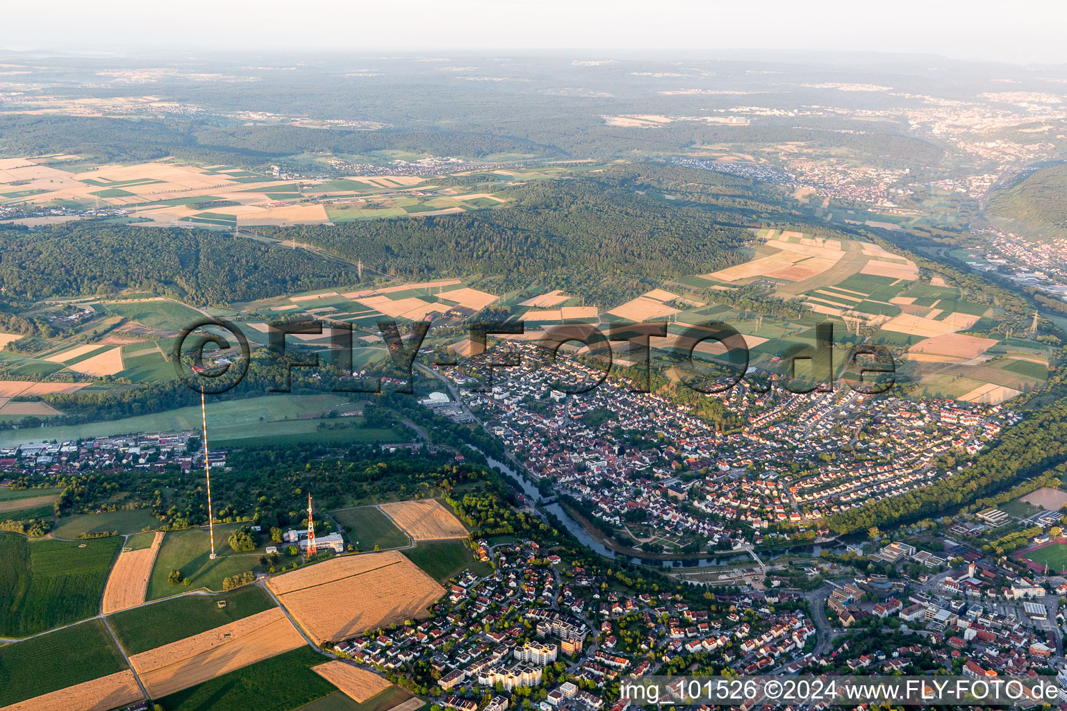 Aerial view of Steel mast funkturm and transmission system as basic network transmitter Muehlacker in Muehlacker in the state Baden-Wurttemberg, Germany