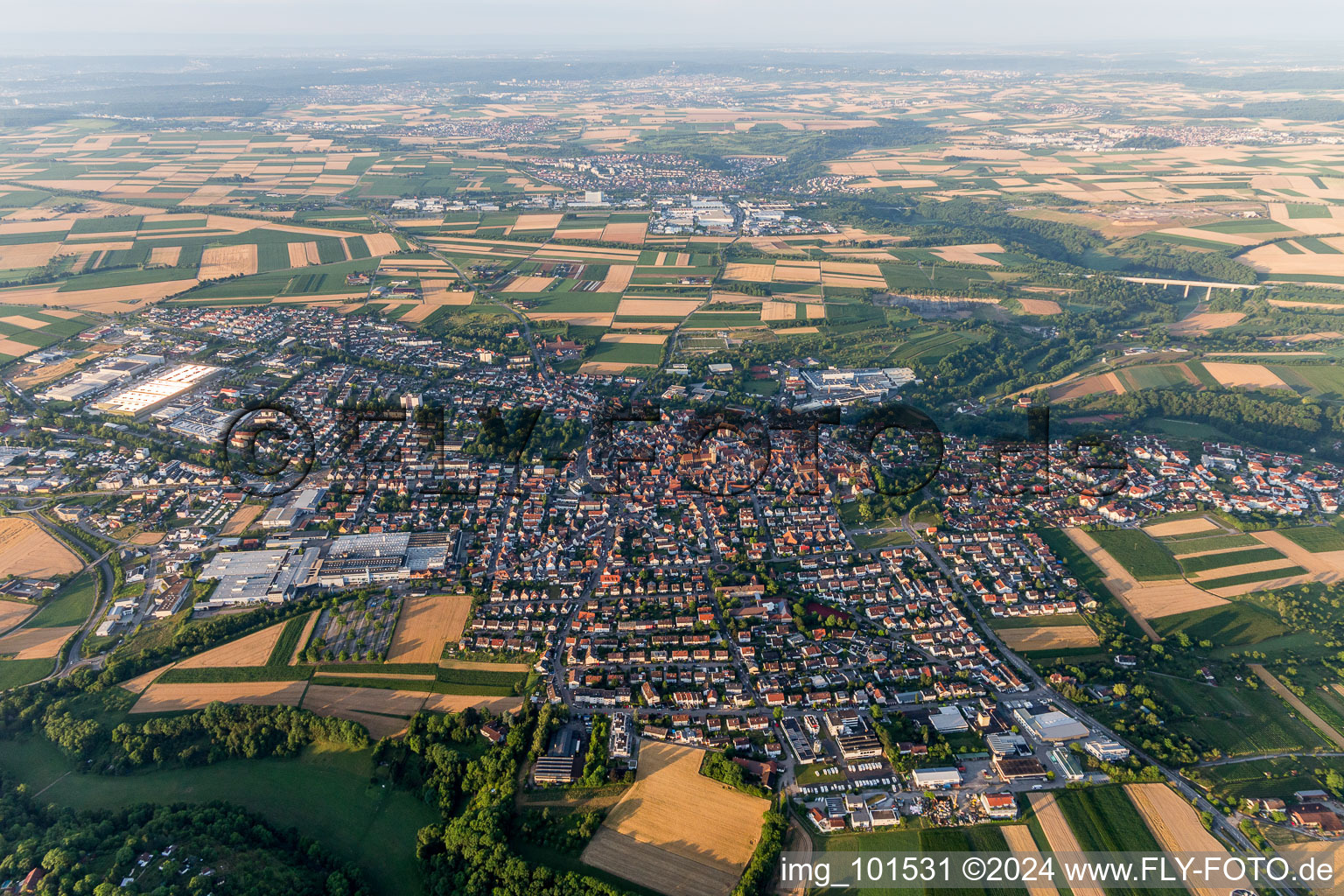 Aerial view of Town View of the streets and houses of the residential areas in Markgroeningen in the state Baden-Wurttemberg, Germany