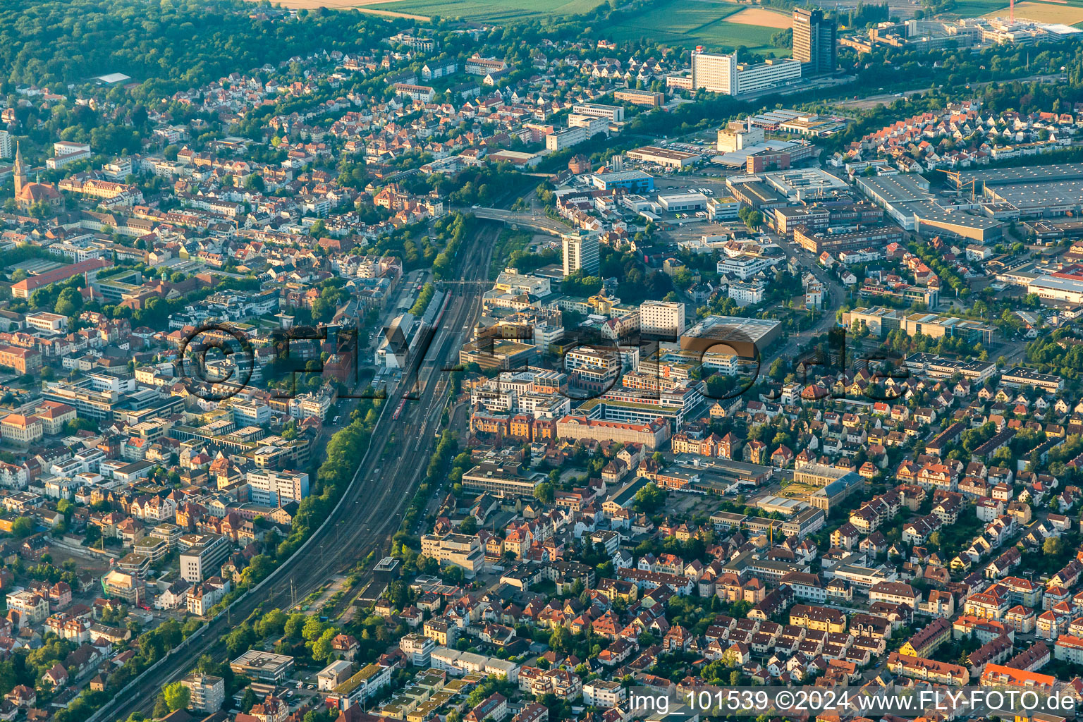 Station building and track systems of the S-Bahn station on MHP-Arena in Ludwigsburg in the state Baden-Wurttemberg, Germany