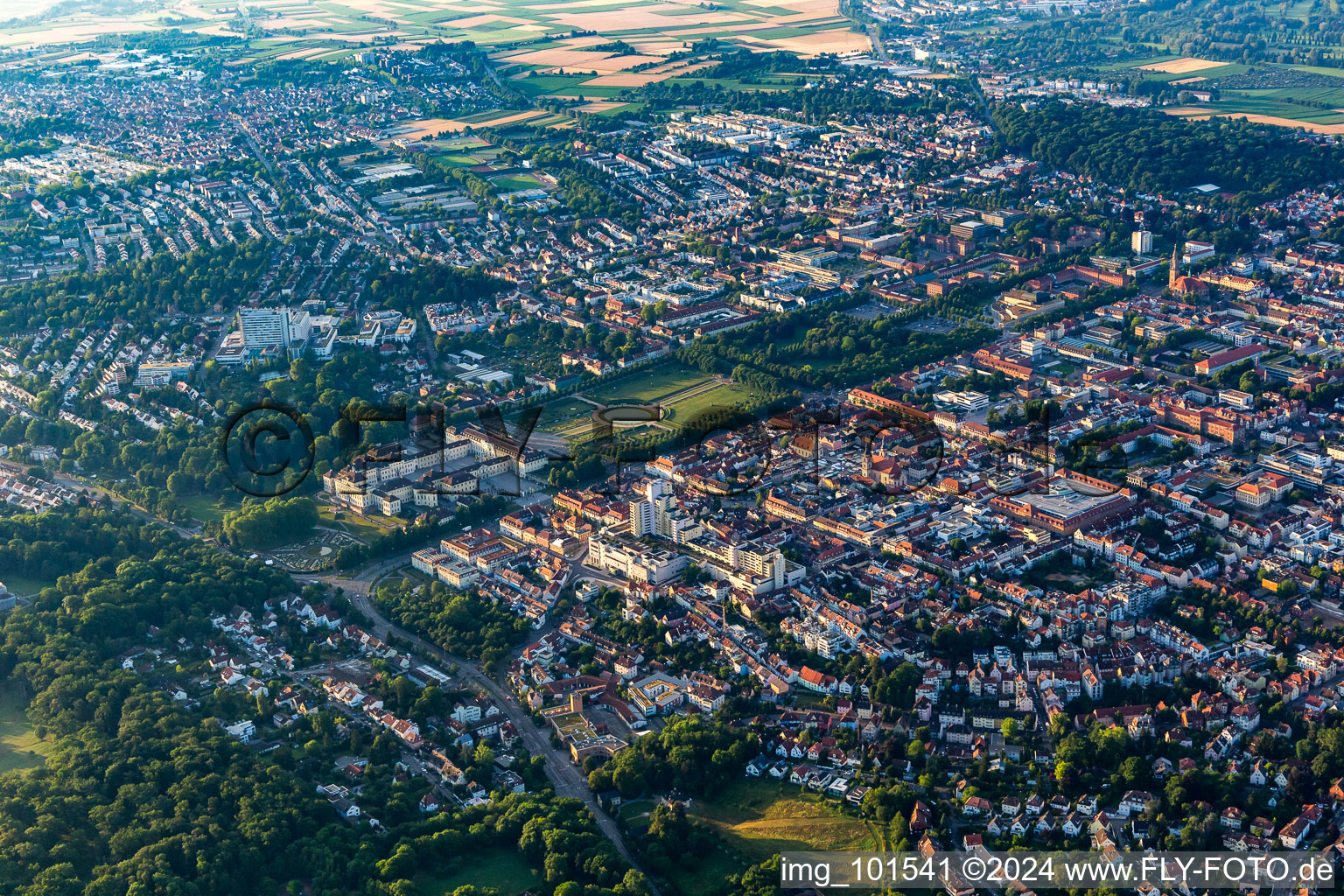 Aerial view of Building complex in the park of the castle Residenzschloss Ludwigsburg in Ludwigsburg in the state Baden-Wurttemberg, Germany