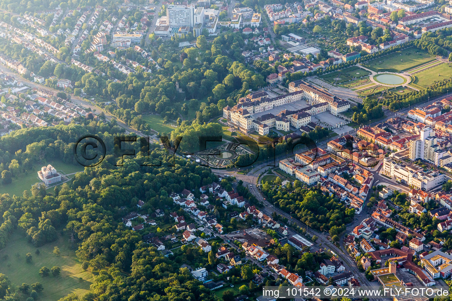 Aerial photograpy of Building complex in the park of the castle Residenzschloss Ludwigsburg in Ludwigsburg in the state Baden-Wurttemberg, Germany