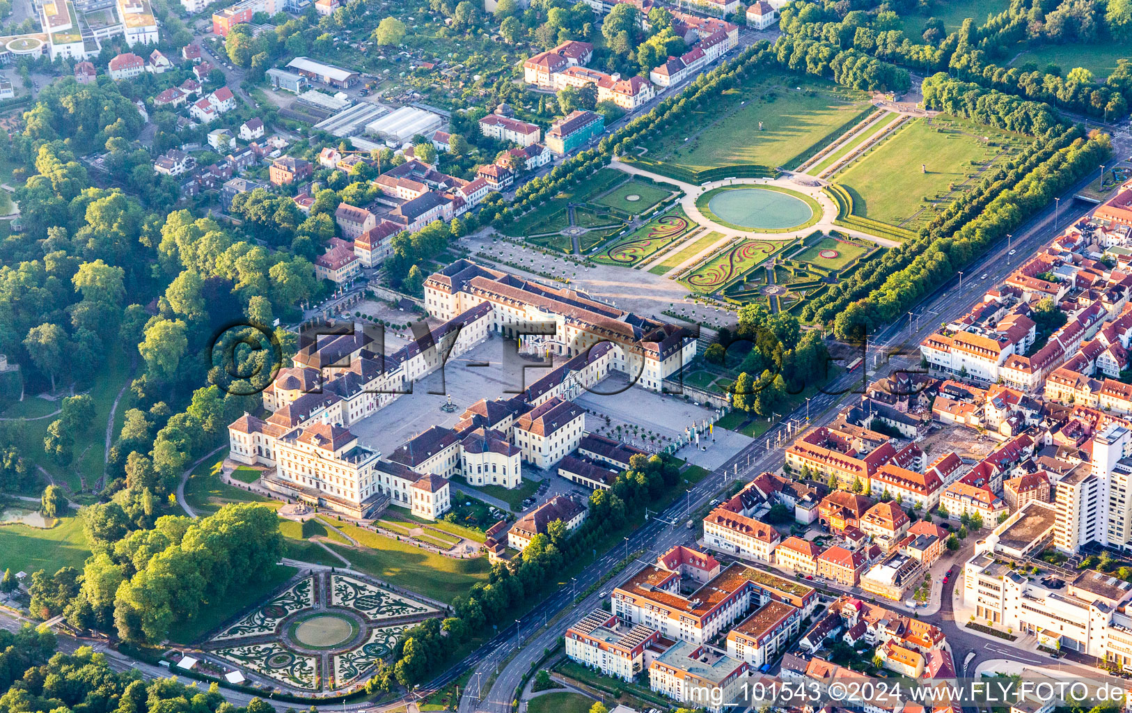 Oblique view of Building complex in the park of the castle Residenzschloss Ludwigsburg in Ludwigsburg in the state Baden-Wurttemberg, Germany