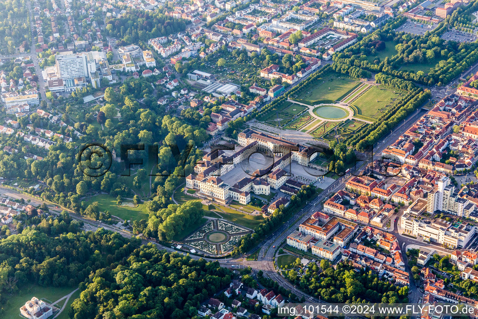 Building complex in the park of the castle Residenzschloss Ludwigsburg in Ludwigsburg in the state Baden-Wurttemberg, Germany from above