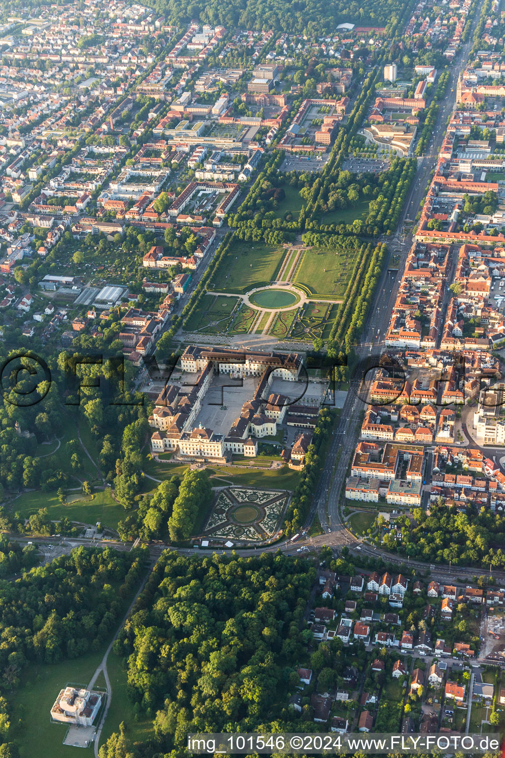 Building complex in the park of the castle Residenzschloss Ludwigsburg in Ludwigsburg in the state Baden-Wurttemberg, Germany out of the air