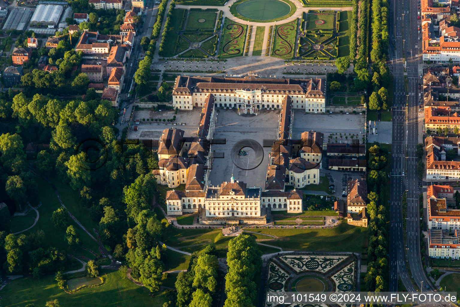 Building complex in the park of the castle Residenzschloss Ludwigsburg in Ludwigsburg in the state Baden-Wurttemberg, Germany seen from above