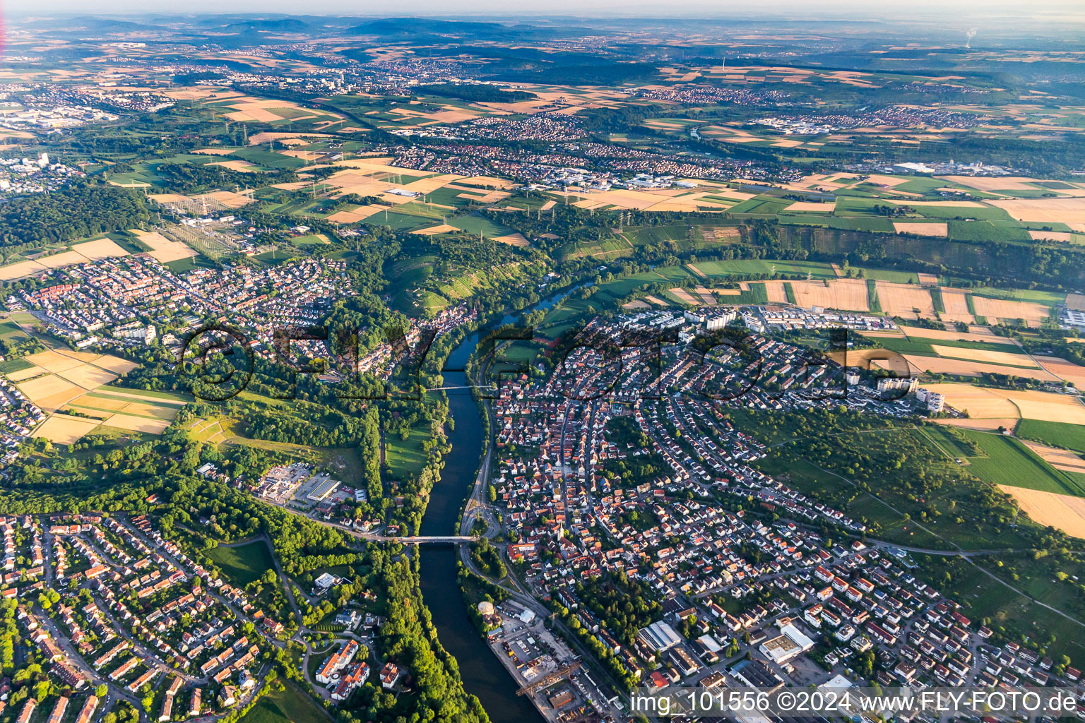 Curved loop of the riparian zones on the course of the river of the river Neckar in the district Neckarweihingen in Ludwigsburg in the state Baden-Wurttemberg, Germany