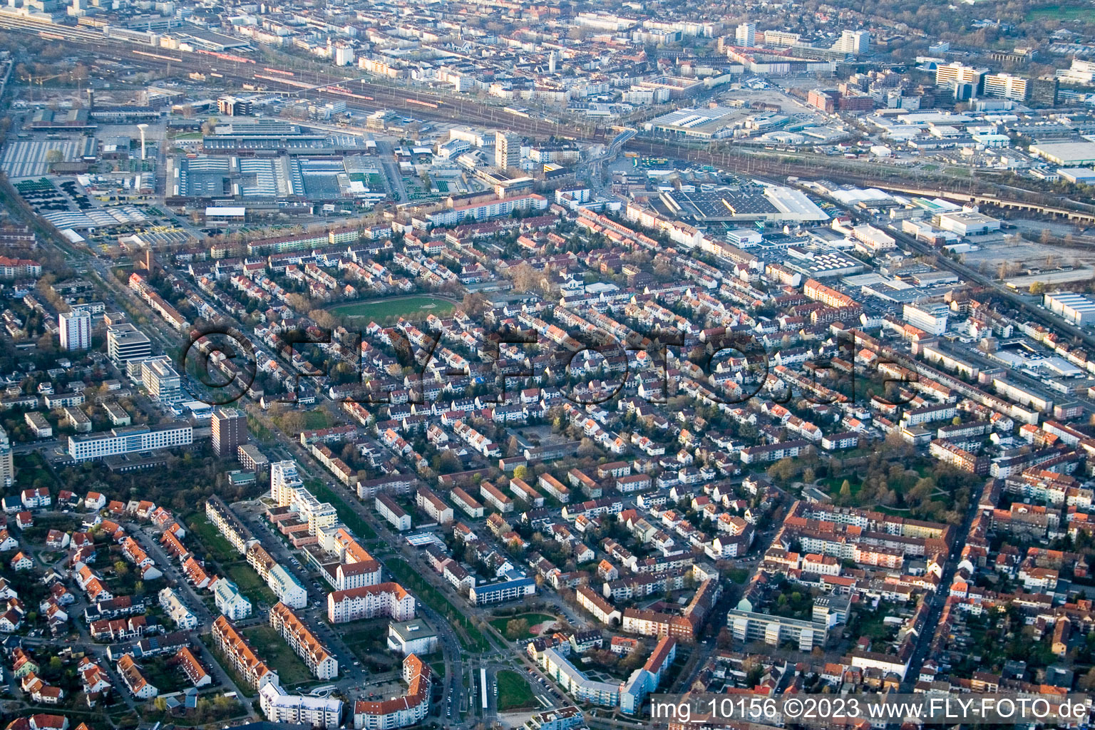 Aerial view of Almenhof in the district Lindenhof in Mannheim in the state Baden-Wuerttemberg, Germany