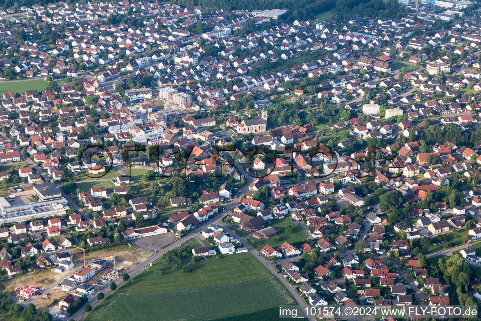 Aerial view of Town View of the streets and houses of the residential areas in Mutlangen in the state Baden-Wurttemberg, Germany