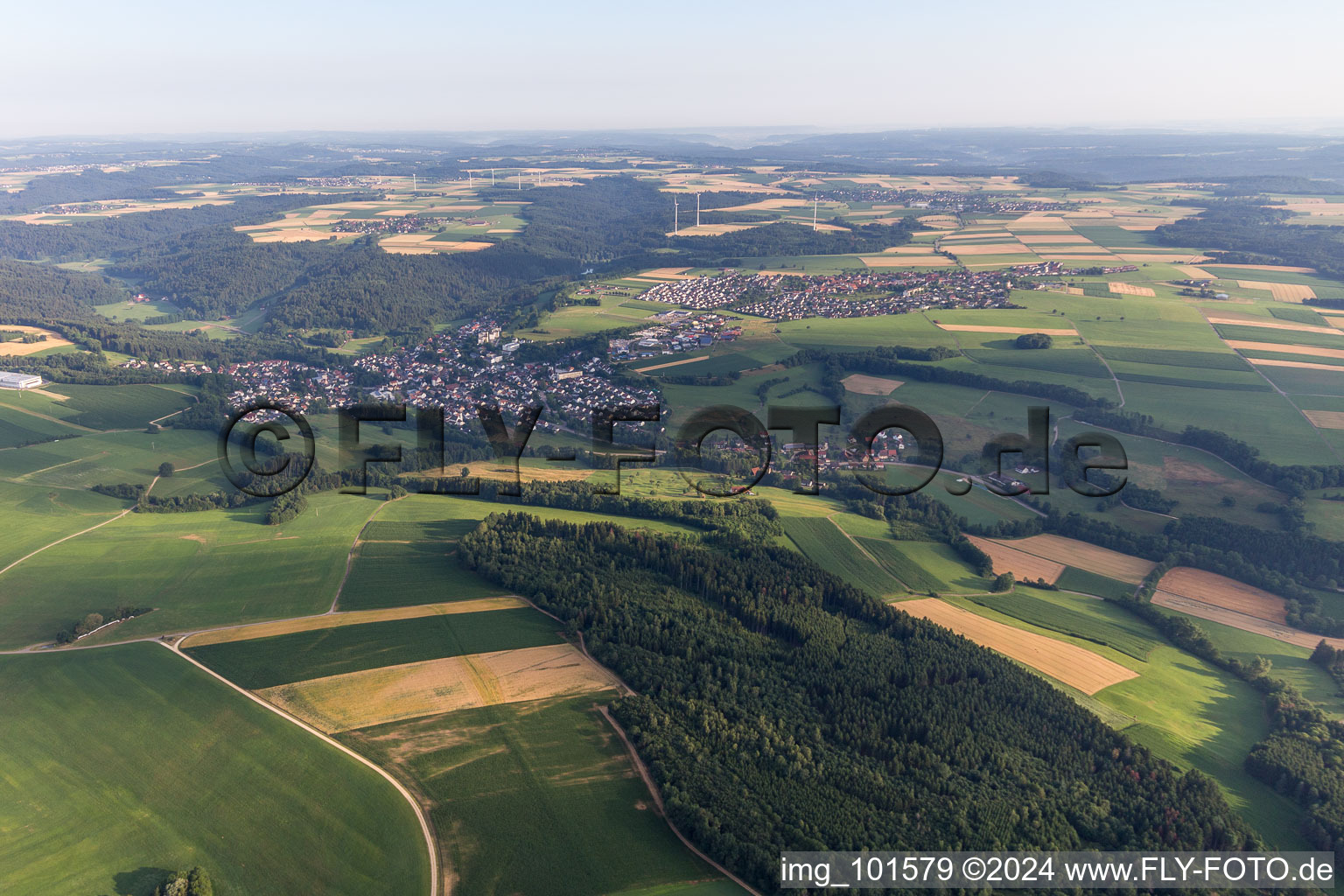 Village - view on the edge of agricultural fields and farmland in Leinzell in the state Baden-Wurttemberg, Germany