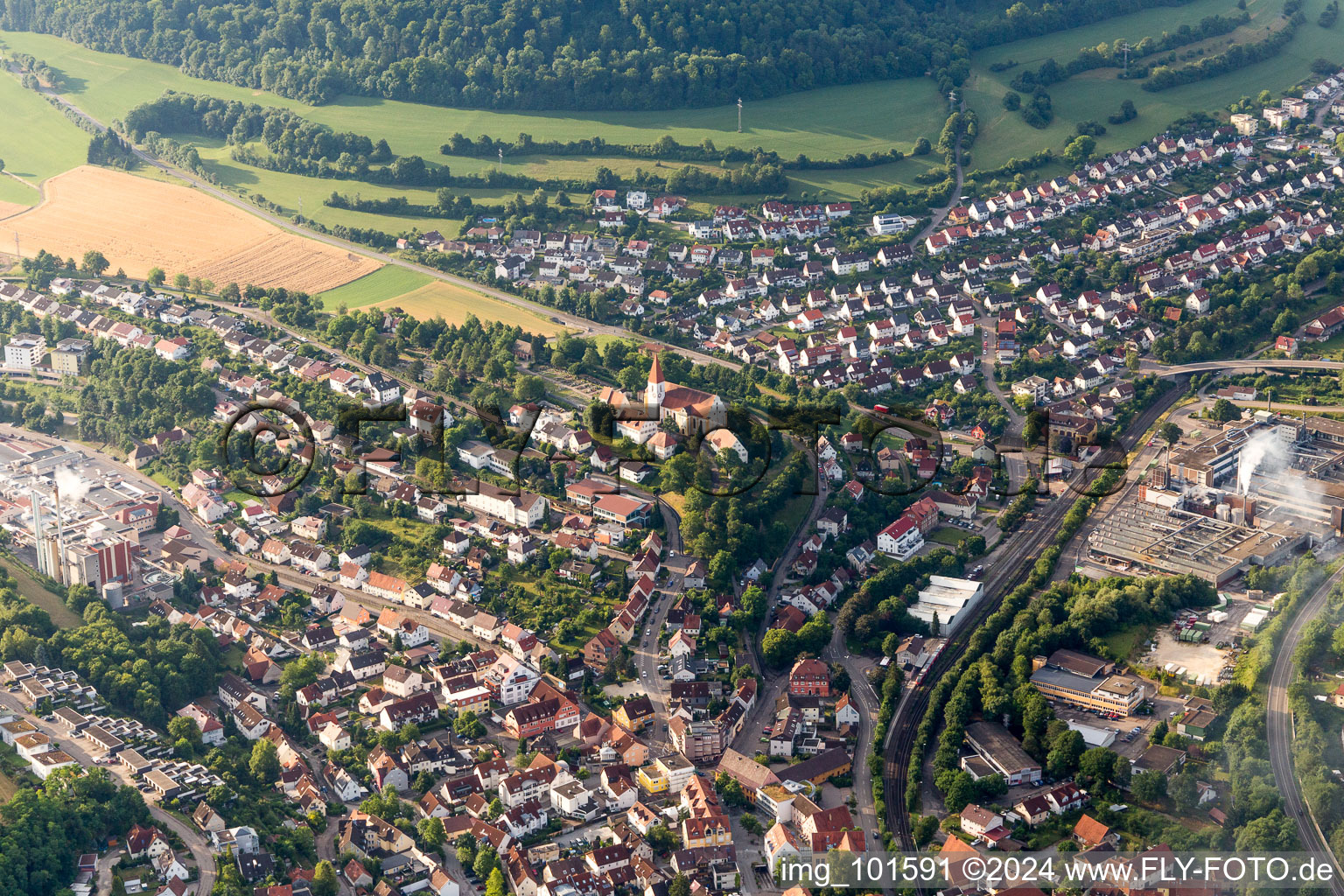 Aerial view of District Unterkochen in Aalen in the state Baden-Wuerttemberg, Germany