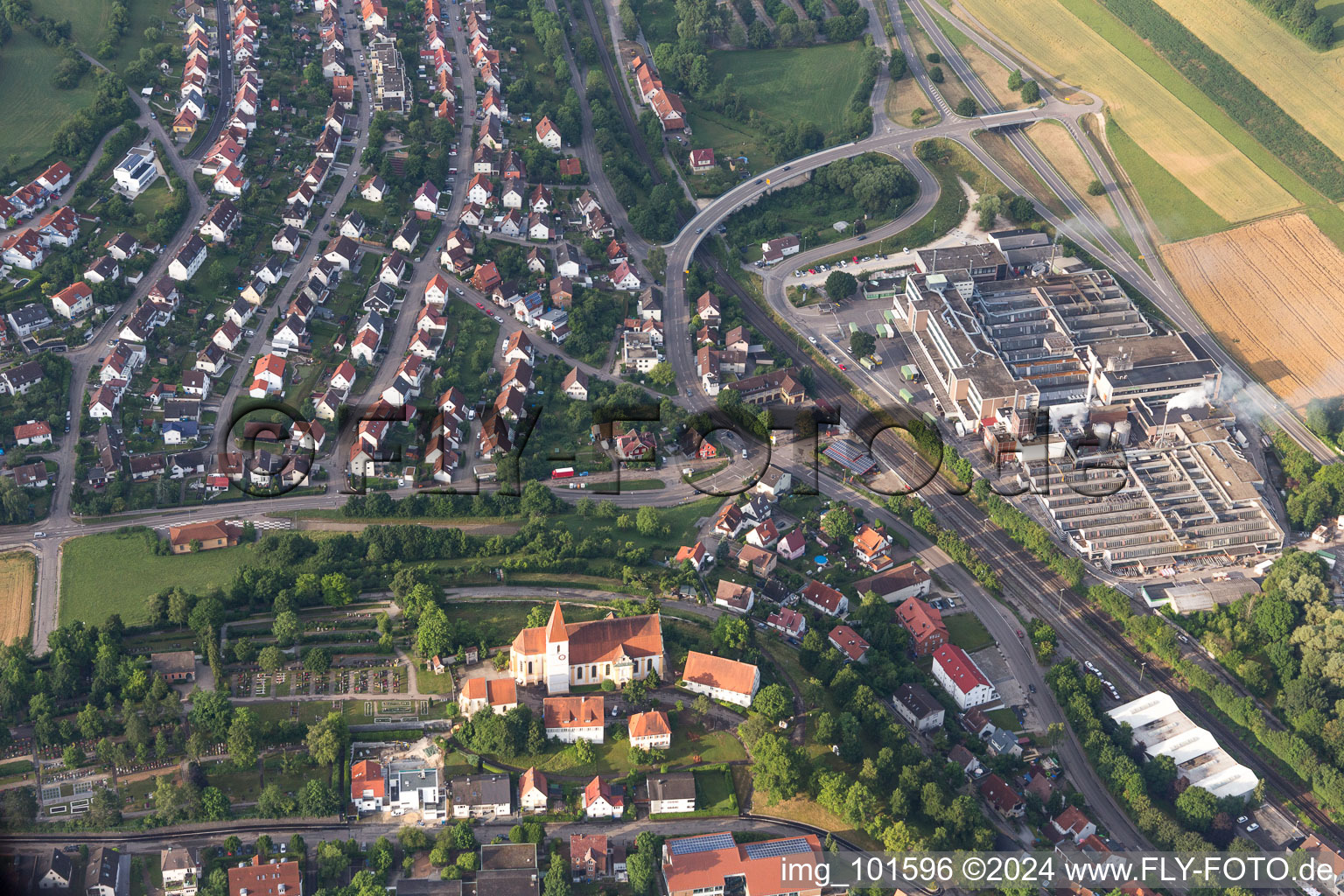 Aerial view of Church building in the village of in the district Unterkochen in Aalen in the state Baden-Wurttemberg, Germany