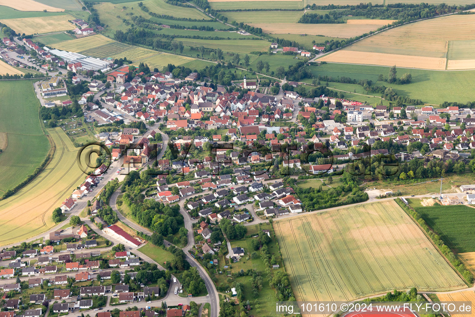 Village - view on the edge of agricultural fields and farmland in Neresheim in the state Baden-Wurttemberg, Germany