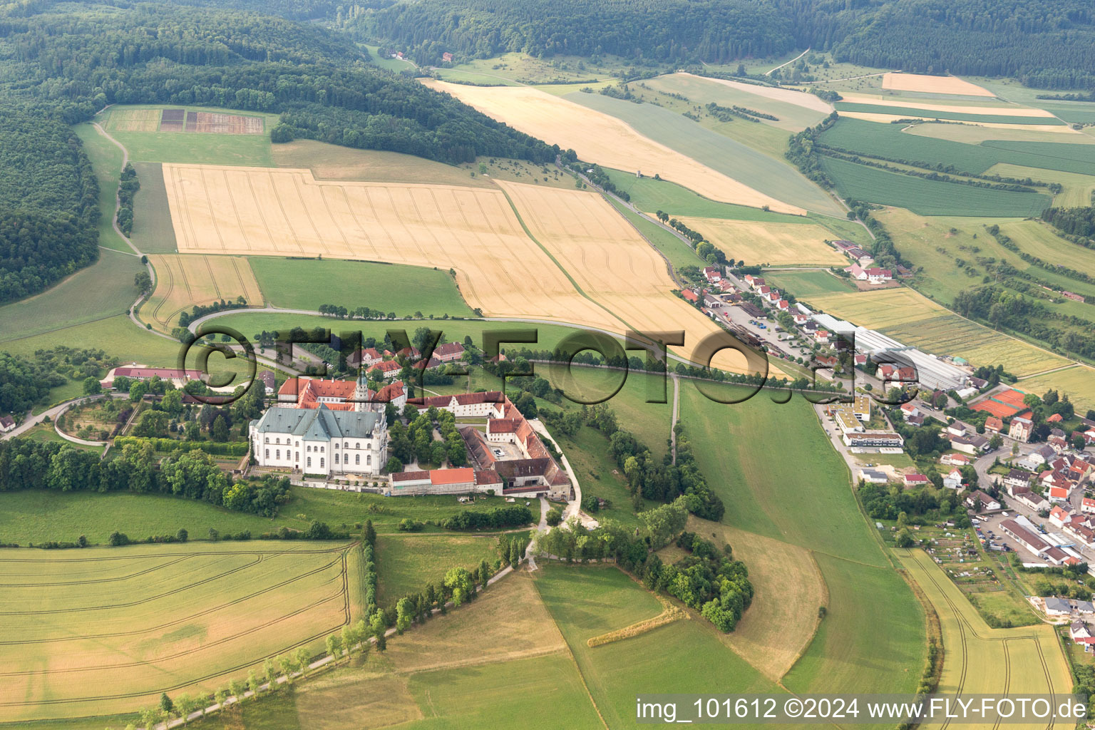 Aerial view of Complex of buildings of the monastery ond museum Neresheim in Neresheim in the state Baden-Wurttemberg, Germany