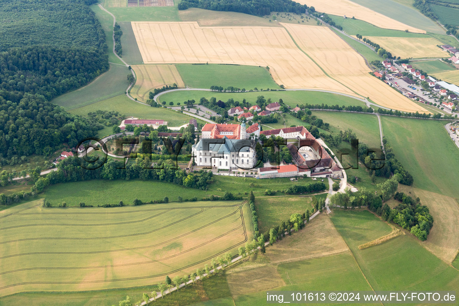 Aerial photograpy of Complex of buildings of the monastery ond museum Neresheim in Neresheim in the state Baden-Wurttemberg, Germany