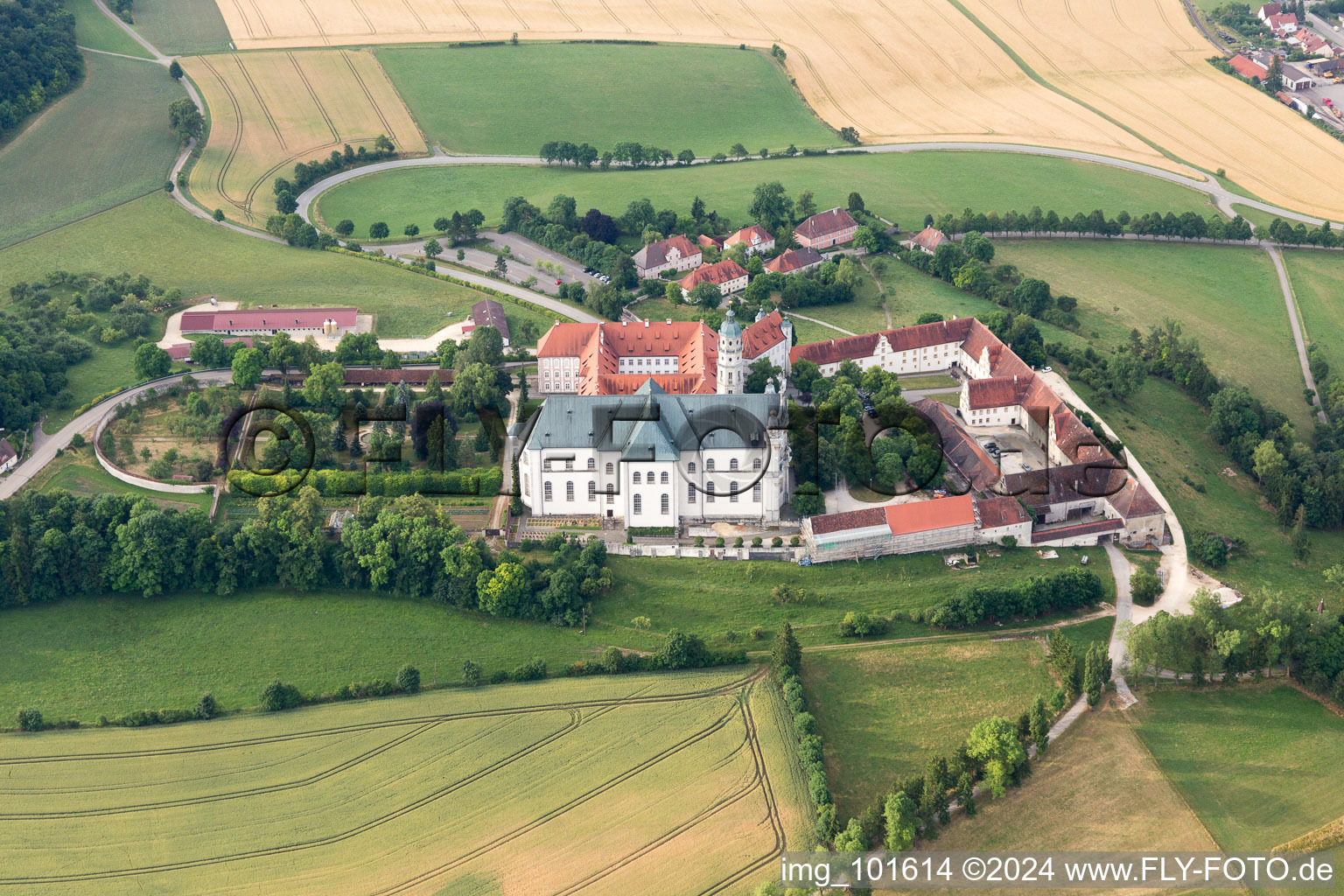 Oblique view of Complex of buildings of the monastery ond museum Neresheim in Neresheim in the state Baden-Wurttemberg, Germany