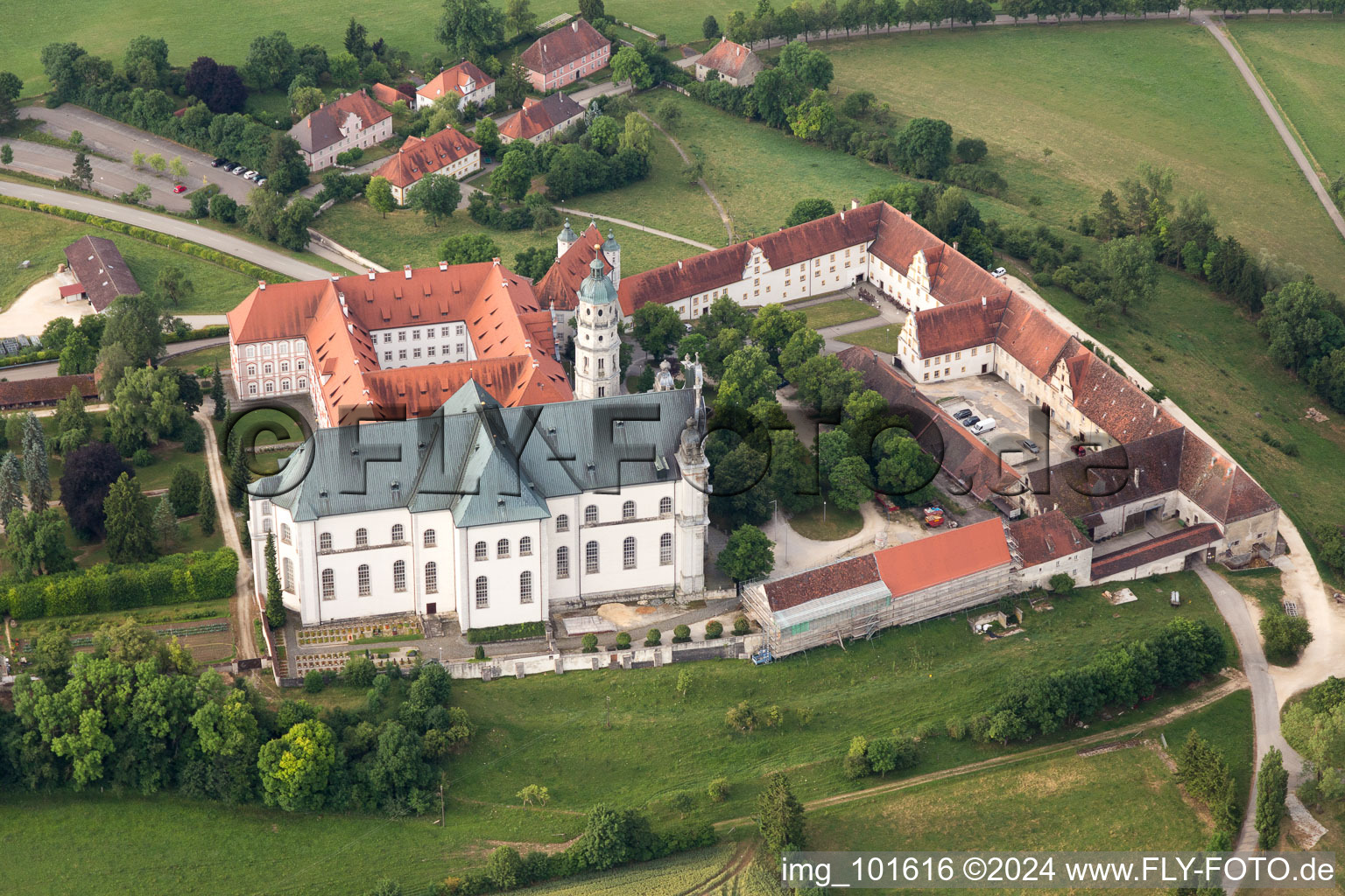 Complex of buildings of the monastery ond museum Neresheim in Neresheim in the state Baden-Wurttemberg, Germany from above