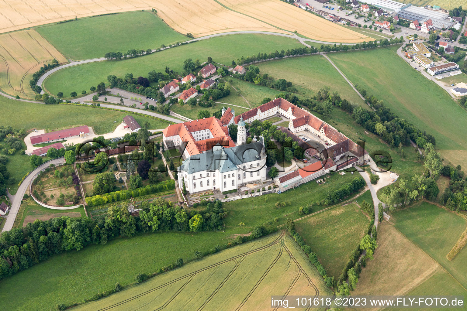 Aerial view of Monastery in Neresheim in the state Baden-Wuerttemberg, Germany