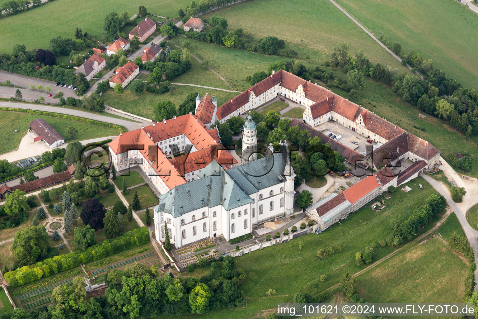 Complex of buildings of the monastery ond museum Neresheim in Neresheim in the state Baden-Wurttemberg, Germany out of the air