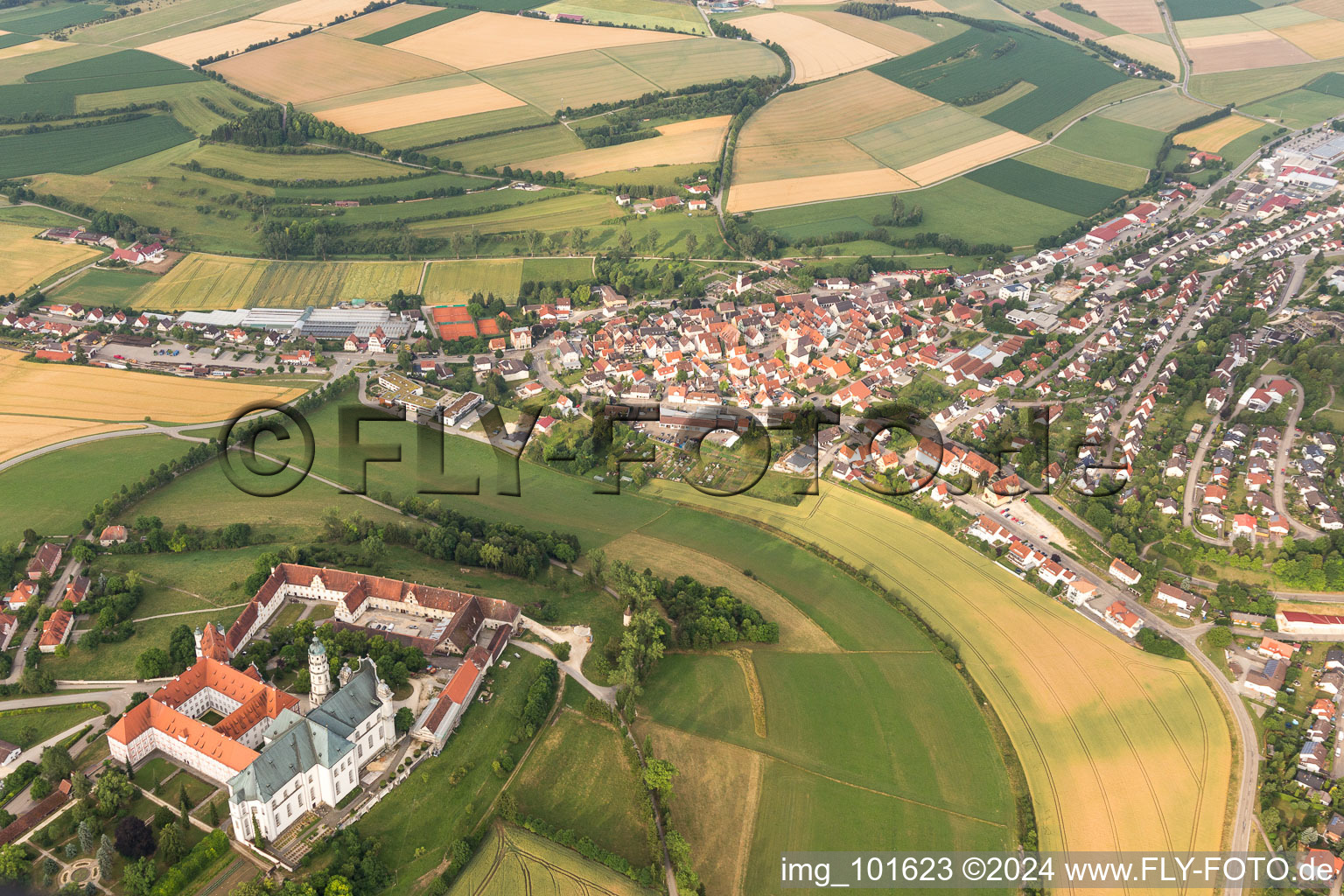 Complex of buildings of the monastery ond museum Neresheim in Neresheim in the state Baden-Wurttemberg, Germany seen from above