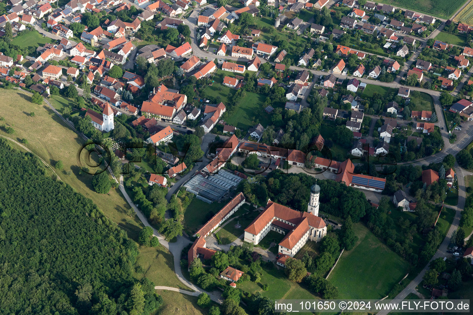 Aerial view of Complex of buildings of the monastery Moenchsdeggingen in Moenchsdeggingen in the state Bavaria, Germany